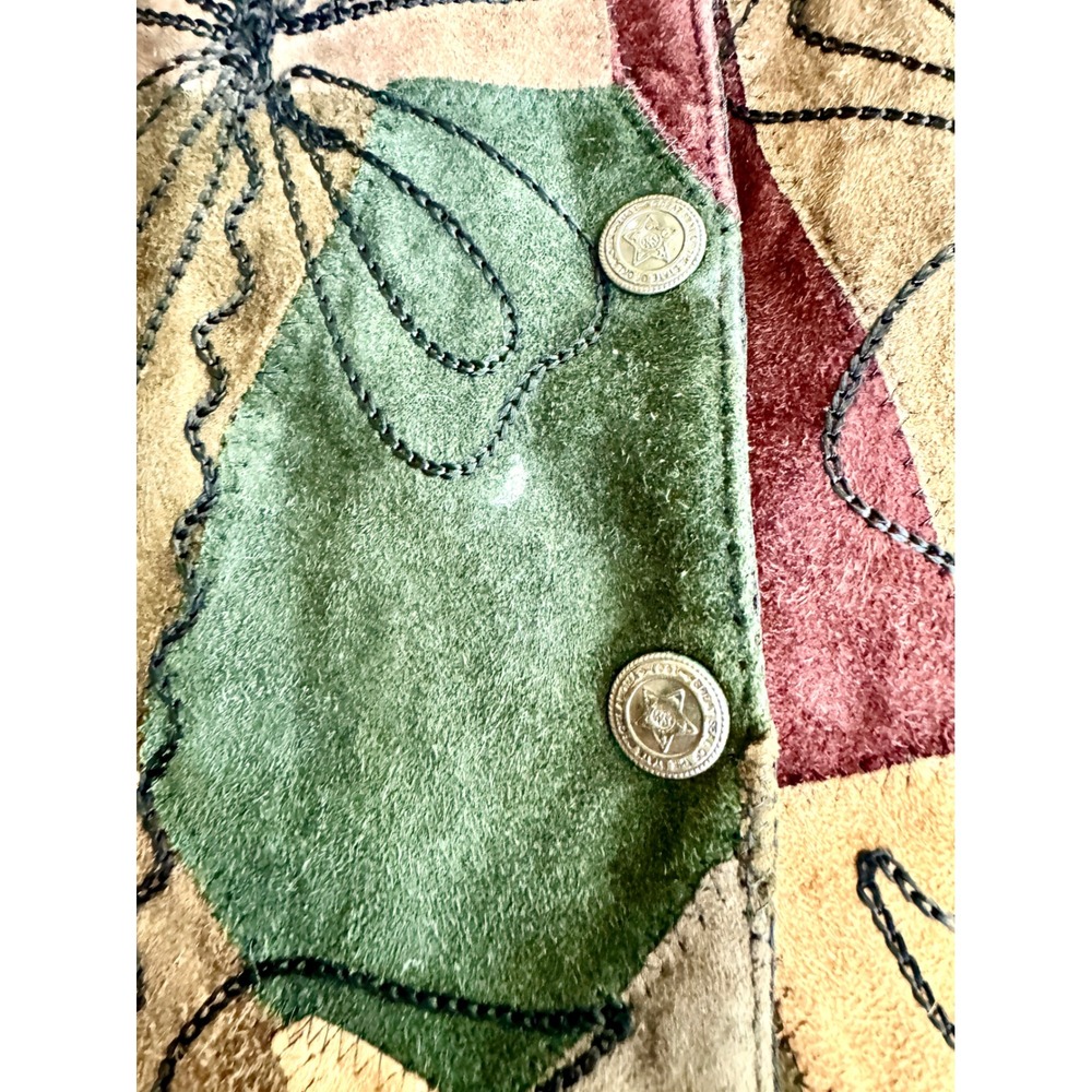 AJNY Vintage Patchwork Leather Boho Vest Med Floral Suede Earth Tone 90s Retro - Picture 11 of 14